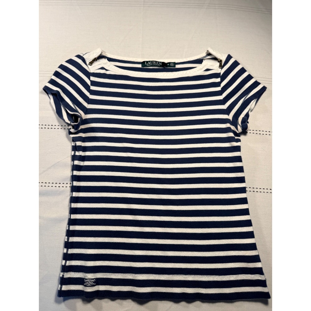Lauren Ralph Lauren Navy White Striped Boat Neck Zip Shoulder Cotton Top M